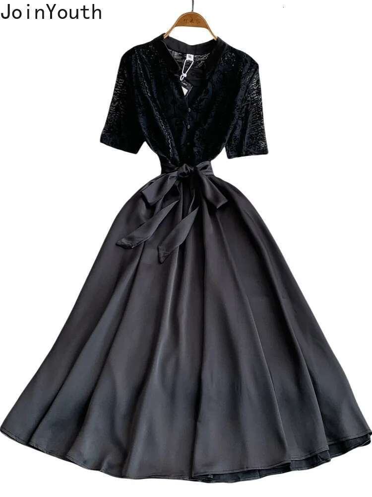 2025 Vestidos De Mujer Summer Dresses Womens Clothing V-neck Bandage Slim Waist A-line Robe Femme Patchwork Lace Vintage Dress