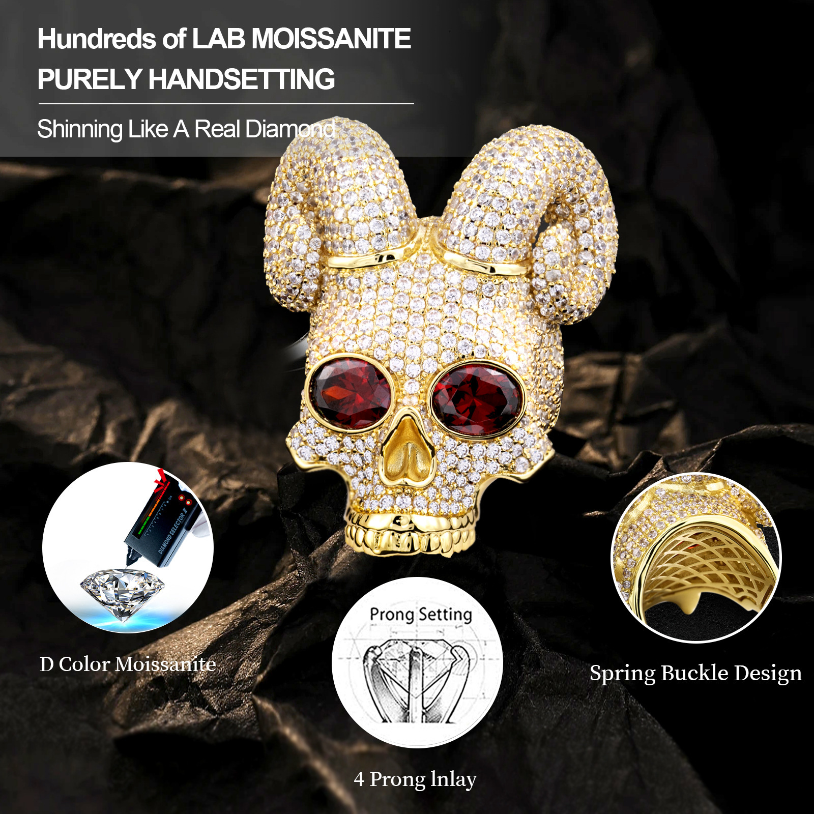 Hip Hop Moissanite Men's Micro Pave Polished Full Diamond Skull Skull Bead Halloween Unique Finger Ring Accessory