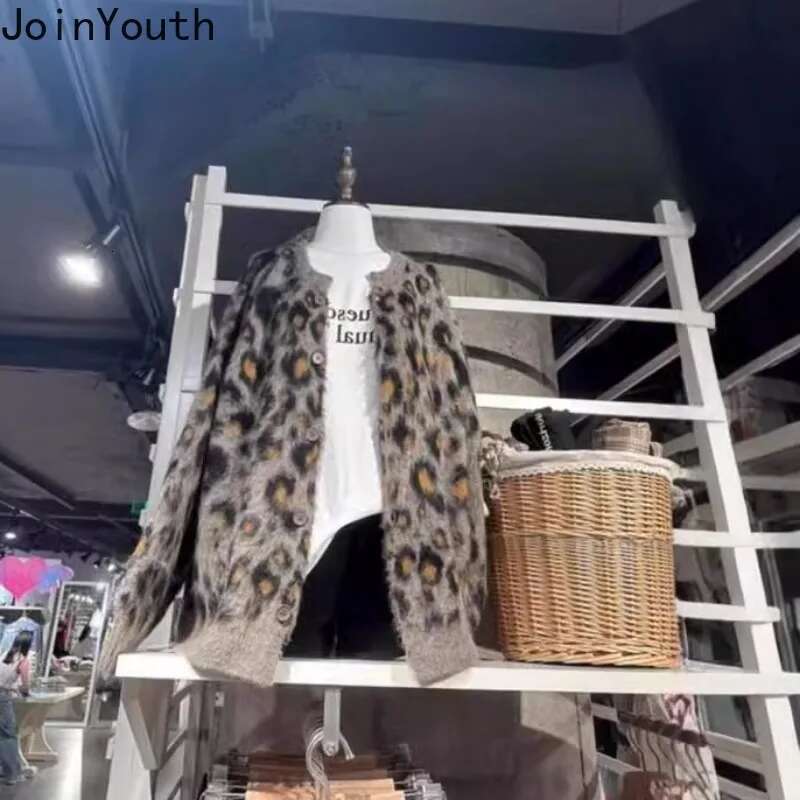 2025 Women Clothing Leopard Knitted Cardigan Women Sueter Mujer Korean Chic Pull Femme O-neck Casual Fashion Oversized Sweater