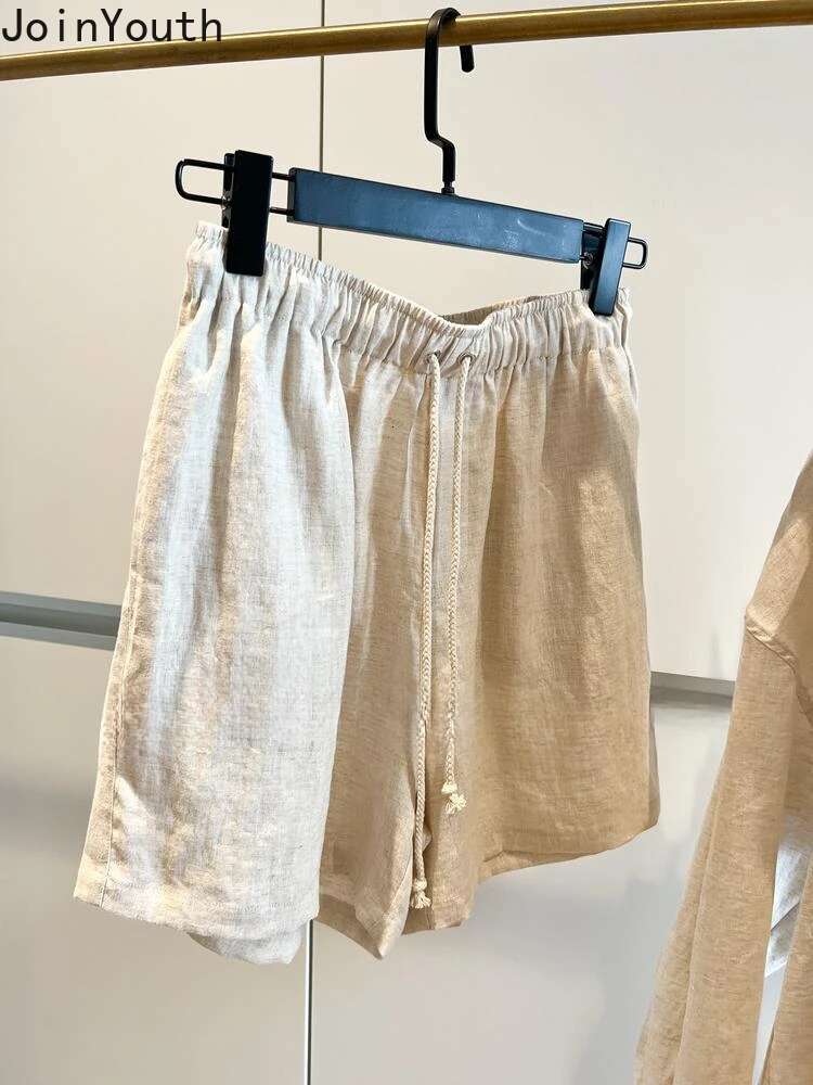 Two Piece Sets Womens Outfits Cotton Linen Clothing Long Sleeve Loose Blouse Tops Bandage Shorts Suit Casual Fashion Summer Set
