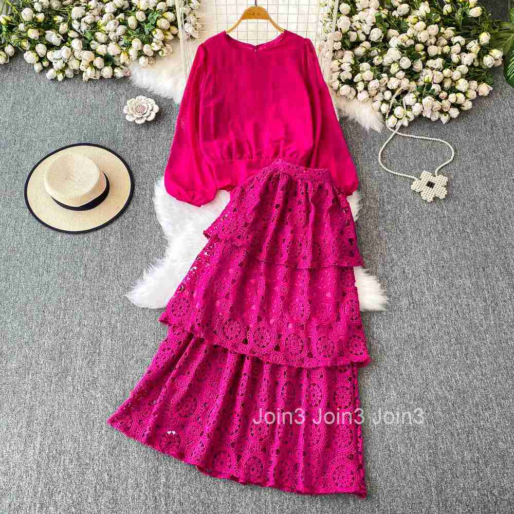 Two Piece Sets 2025 Women Clothing Slim Waist Puff Sleeve O-neck Tops A-line Lace Hollow Out Suit Fashion Summer Outfits 63e510