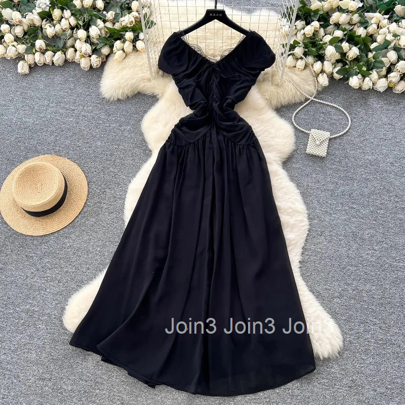 Elegant Dress Women Clothes Patchwork Lace V-neck Slim Waist Folds Robe Femme 2025 Vestidos De Mujer Bandage Summer Maxi Dresses