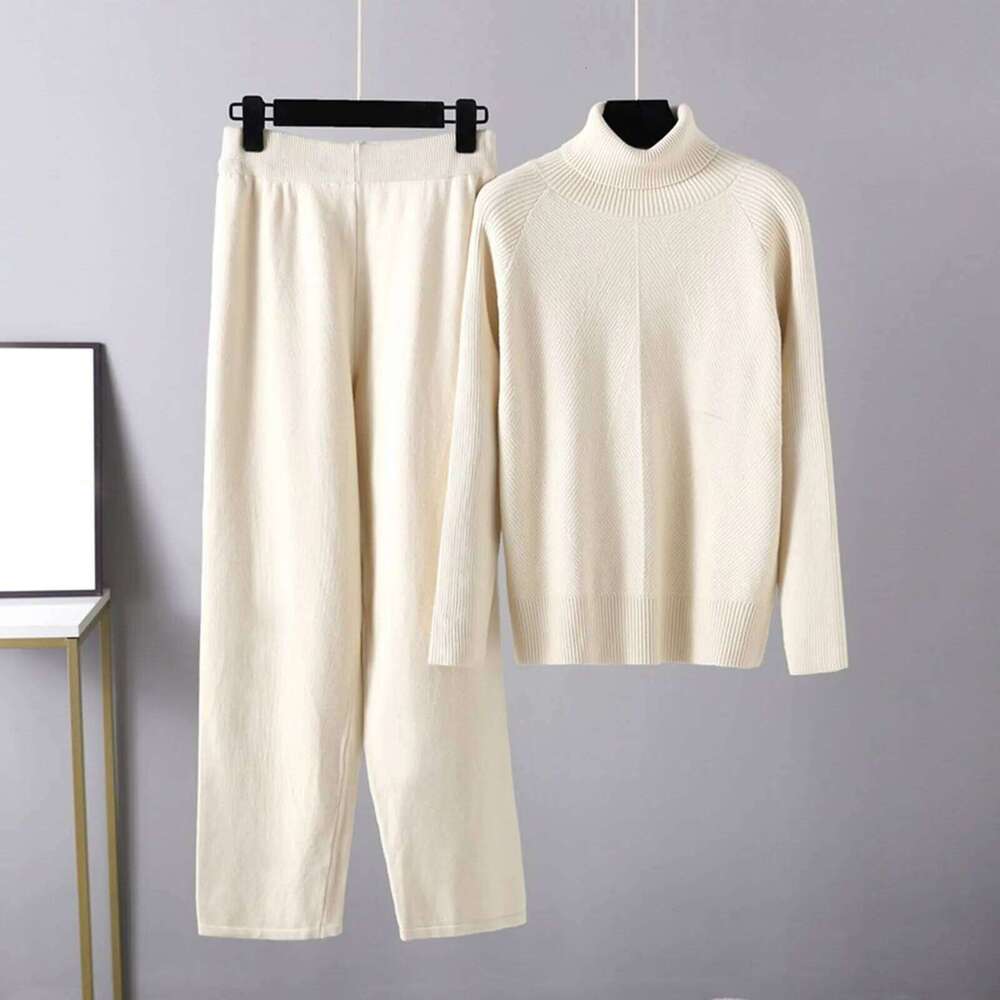 Designer Leisure High Quality Knitted Two Piece Suit Womens' Fall Winter Temperament Sweatshirts Set Wide Leg Pants And High Neck Sweater Outfit