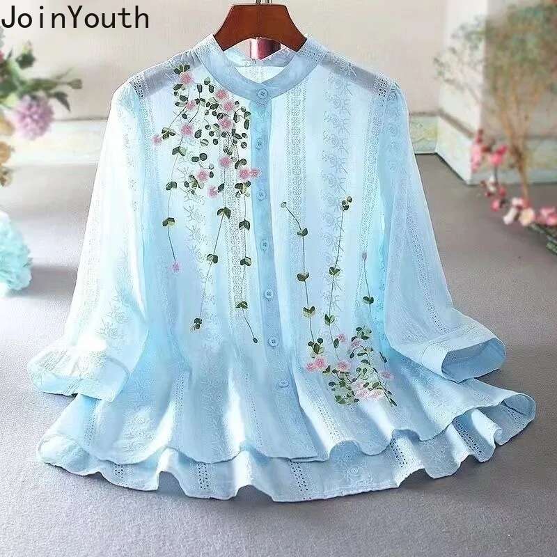 2025 Blusas Mujer De Moda White Vintage Blouses for Women Temperament Tops Cotton White Embroidery Oversized Blouse Shirts 7n791