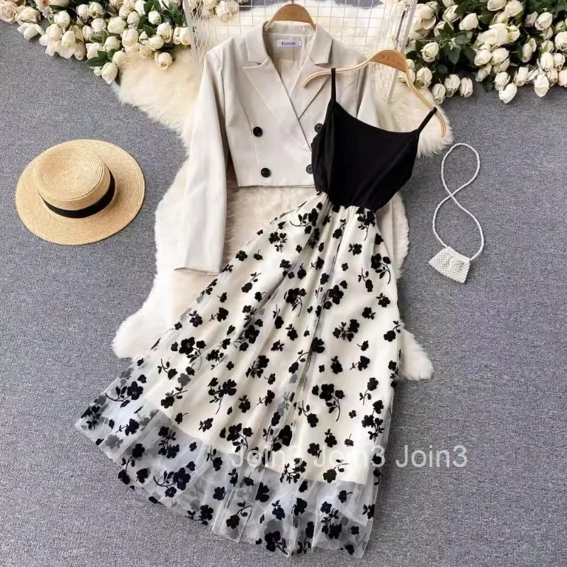 Temperament Womens Clothing 2 Piece Sets Double Breasted Crop Jacket Gauze Floral Tunic Dresses Outfits Fashion Korean Suit