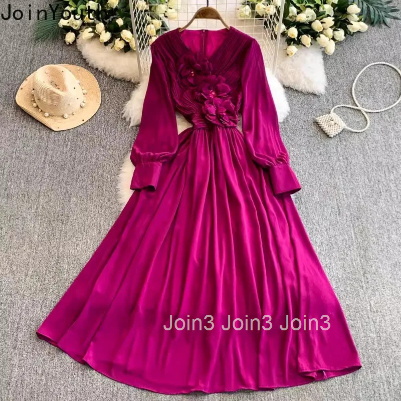 Maxi Woman Dress Slim Waist Temperament Robe Femme 2025 Vestidos De Mujer V-neck Long Sleeve 3D Floral Summer Vintage Dresses