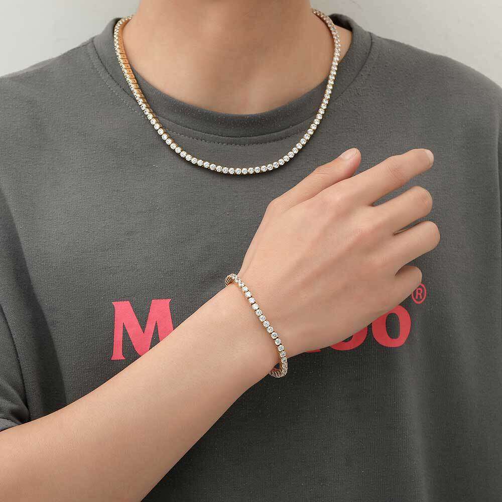 4mm Spring Buckle Stainless Tennis Chain Hip-Hop Zircon Necklace High-End Titanium Steel Men's Bracelet 1466
