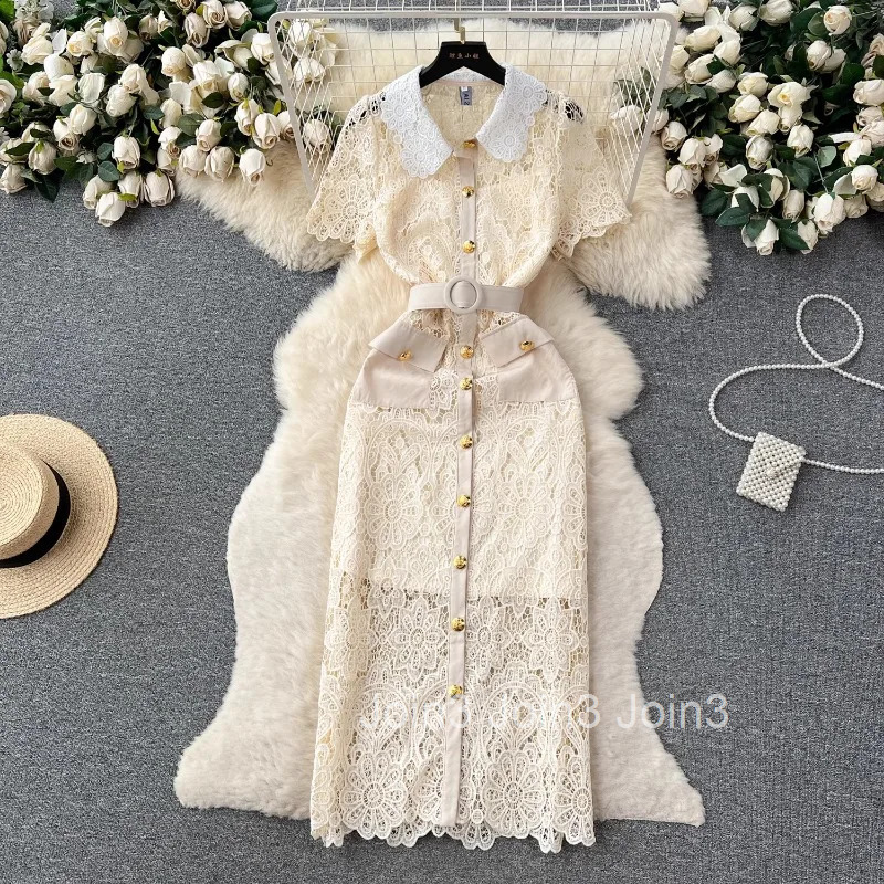 Vestidos De Mujer Summer Woman Dress Lace Tunic Single Breasted Short Sleeve Tunic Robe Femme Hollow Out Temperament Dresses