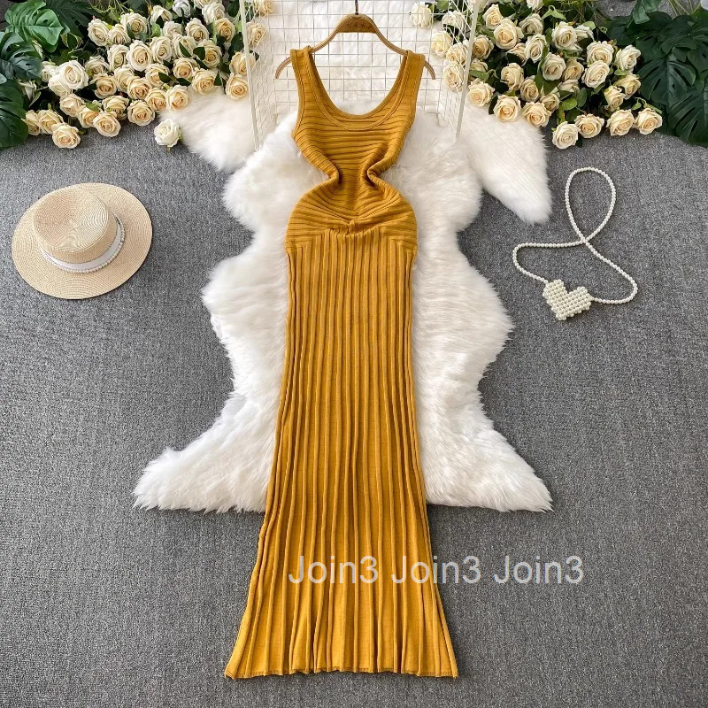 Knitted Tunic Maxi Dress for Women Square Collar Sleeveless Summer Robe Femme Bodycon Pleated Dresses 2025 Vestidos De Mujer