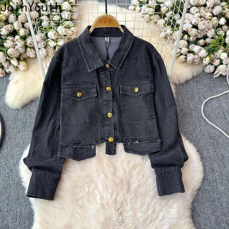 Denim Outfits Fashion Two Piece Sets for Womens Long Sleeve Lapel Neck Crop Coat High Waist Bodycon Skirts Suit Casual Y2k Set