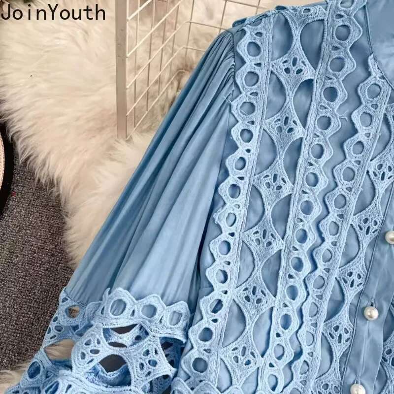 Fashion 2 Pieces Sets Women Clothing Stand Neck Lantern Sleeve Crop Shirts High Waist Skirt Outfits Hollow Out Lace Vintage Set
