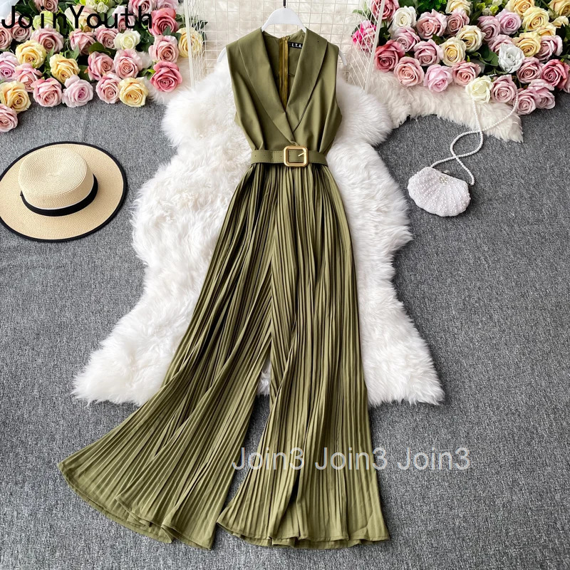 Korean Fashion Jumpsuit Women Clothes Temperament Solid Color Playsuit Slim Waist Pleated Flare Pants Bodysuit Summer Jump Suit