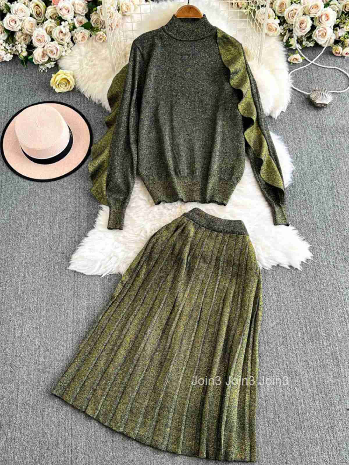 Skirt Suit 2 Piece Sets Women Clothing Half High Collar Ruffles Tops High Waist A-line Pleated Skirt Outfits Vintage Fashion Set