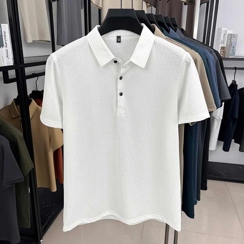 Personalized waffle short sleeve polo shirt summer high-end ice silk breathable and comfortable solid color lapel T-shirt 250618