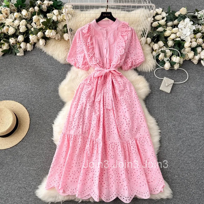 Temperament Robe Femme Vintage Dress Chic Women Clothing 2025 Vestidos De Mujer Puff Sleeve Embroidery Hollow Out Summer Dresses