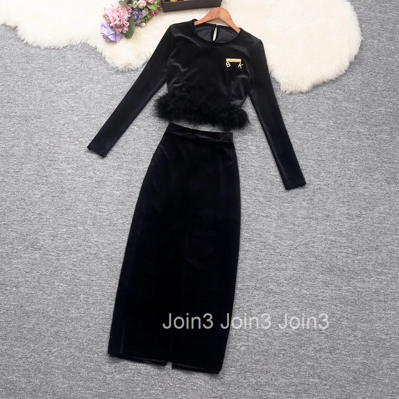 Velvet 2 Piece Sets Womens Clothing Tunic Crop Tops High Waist Bodycon Skirt Suit Roupas Femme Vintage Korean Fashion Outfits