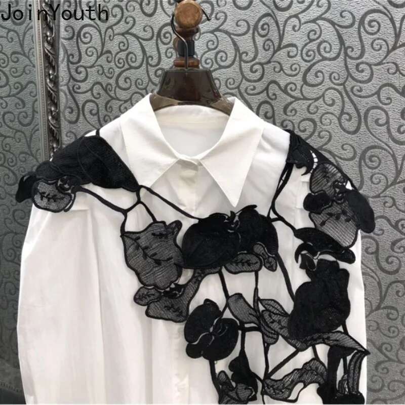 2025 Camisas De Mujer Long Sleeve White Blouses for Women Lace Embroidery Shawl Korean Tops Loose Fashion Puff Sleeve Shirts
