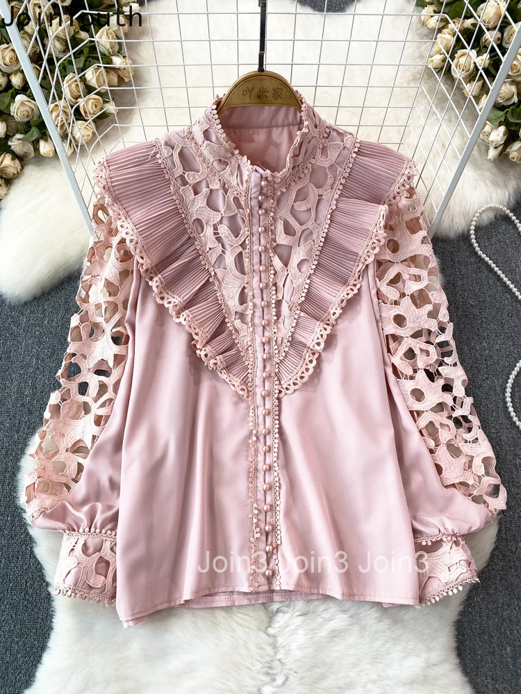 2025 Blusas Mujer De Moda Vintage Blouse Women Clothing Stand Neck Lantern Sleeve Loose Shirts Hollow Out Summer Blouses Tops