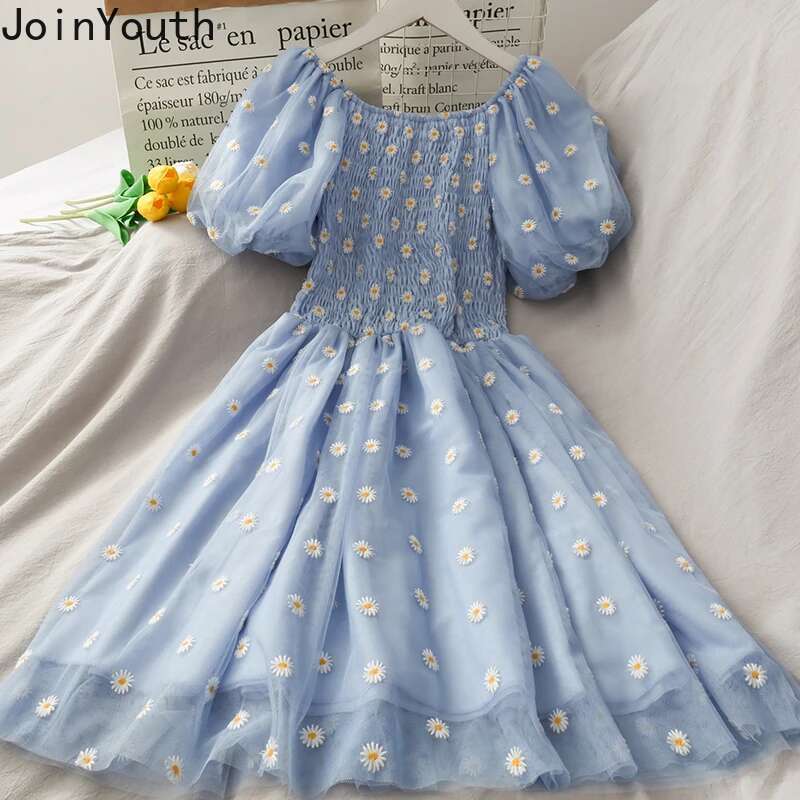 Joinyouth Sweet Dress for Women 2025 Summer Robe Korean Fashion Pleated Dresses Slash Neck Puff Sleeve Print Gauze Dresses 7b994