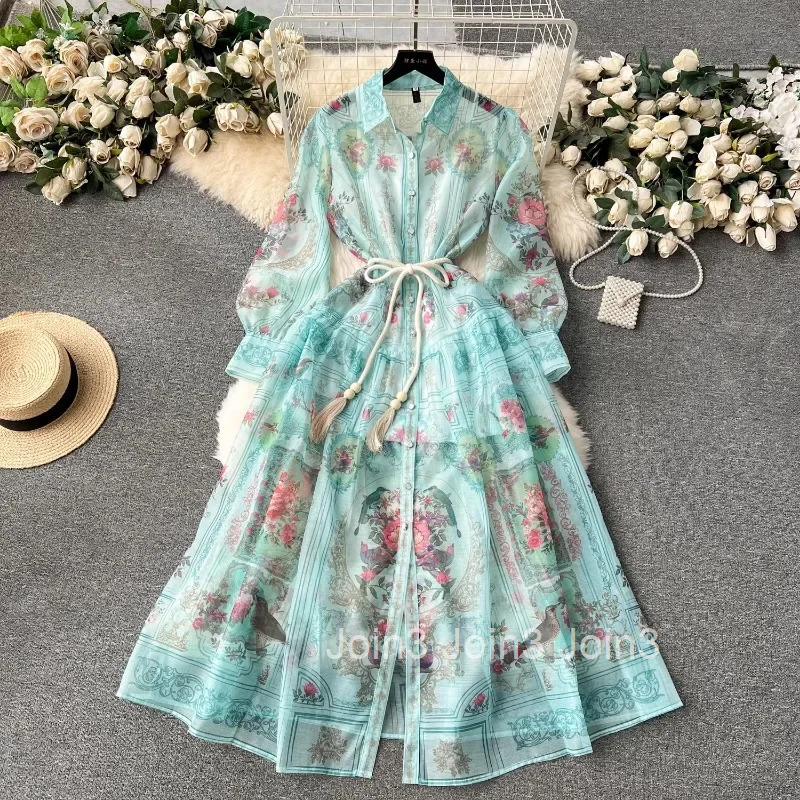 Summer Maxi Dresses Women Clothing Vintage Floral Robe Femme 2025 Vestidos De Mujer High Waist Tunic Chiffon Temperament Dress