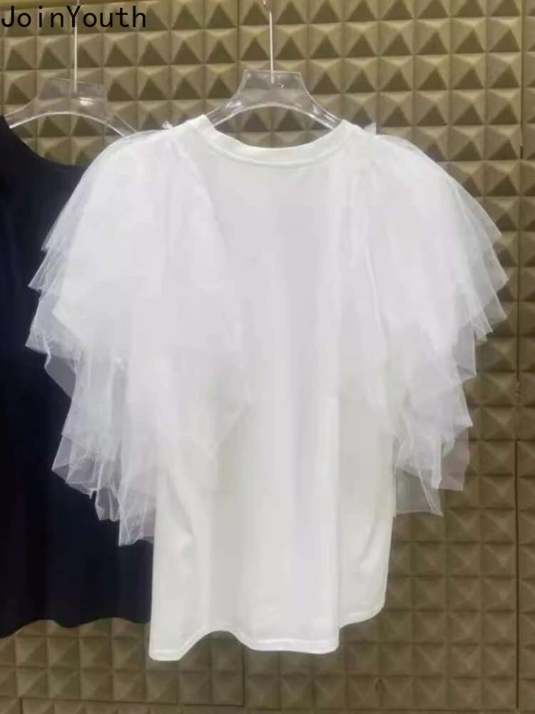 Women Clothes Summer T Shirts Patchwork Gauze Camisetas O-neck Short Sleeve White Camisetas Y2k Tops Sweet Tshirts Ropa Mujer