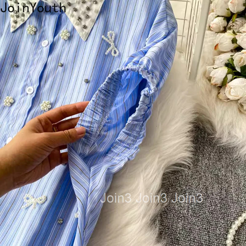 2025 Blusas Mujer De Moda Summer Blouses Womens Clothes Beading Loose Vintage Shirts Short Sleeve Fashion Striped Blouse Tops