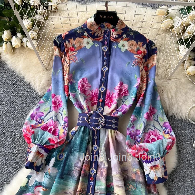 Vintage Dresses Women 2025 Vestidos De Mujer Stand Neck Lantern Sleeve Floral Tunic Robe Femme Single Breasted Summer Maxi Dress