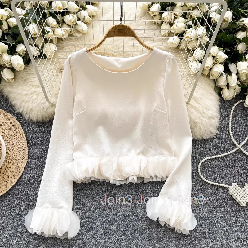 Camisas De Mujer 2025 Women Shirts Long Sleeve O-neck Tunic Blouse Temperament Crop Tops Fashion 3D Floral Korean Blouses Shirts
