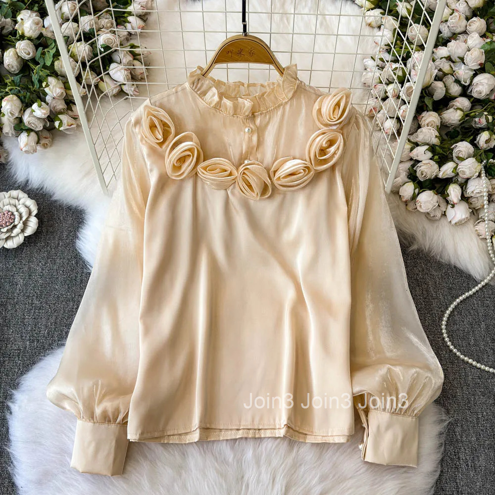 2025 Blusas Mujer De Moda Elegant 3D Floral Blouse Women Clothing Summer Shirt O-neck Lantern Sleeve Loose Elegant Blouses Tops