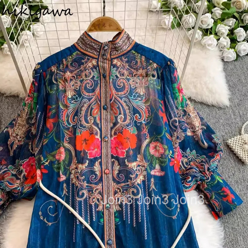 Elegant Pleated Woman Dress Women Clothing Stand Neck Lantern Sleeve Slim Waist Print Robe Femme Big Swing Vintage Maxi Dresses
