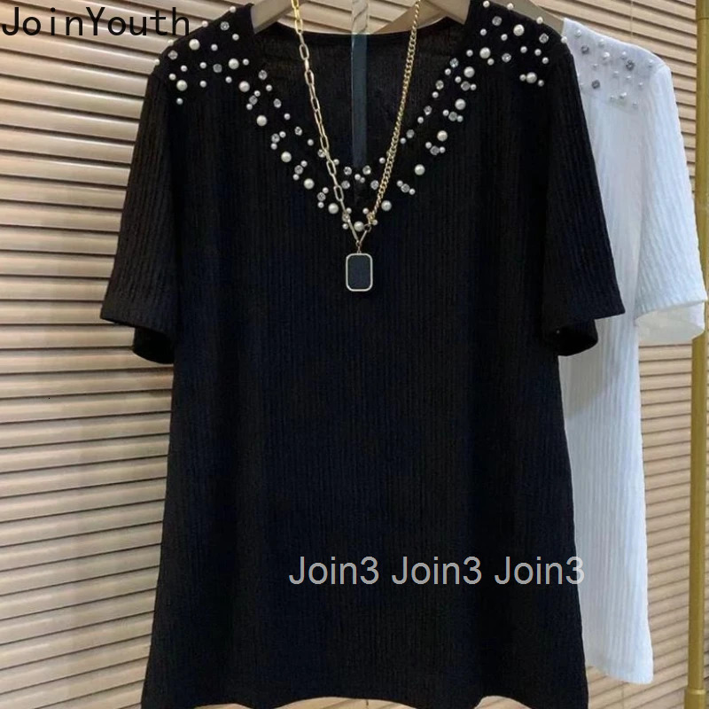 2025 Womens Clothes Oversized T Shirts Y2k Tops V-neck Beading Short Sleeve Tees Fashion Summer Camisetas Casual White T-shirt