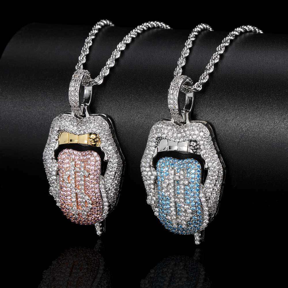 Hip Hop Jewelry Micro Paved Zircon Trendy Brand Dollar Bill Mouth Tongue Men's Necklace Pendant f6e6
