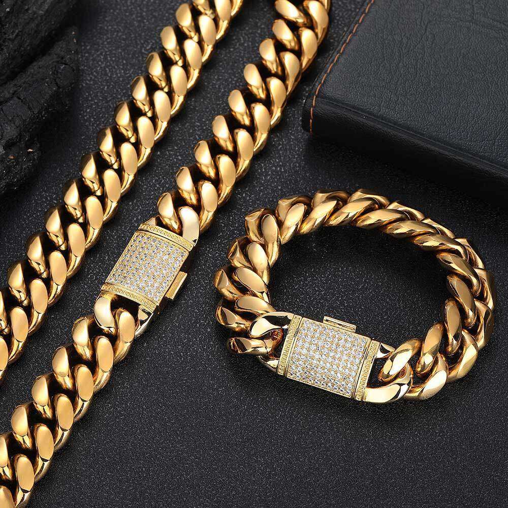 Jewelry Stainless Steel Miami Hip Hop Cuban Chain Zircon Flip Clasp Men's Necklace Bracelet 8c01