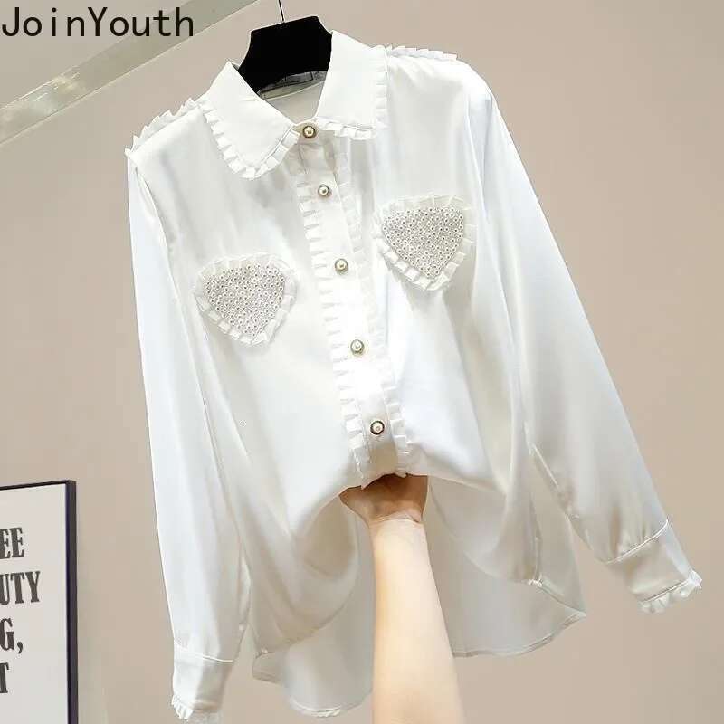 2025 Camisas De Mujer Peter Pan Collar Long Sleeve Blouse Women Clothes Beading Ruffles Shirts Vintage Loose Korean Blouses Tops