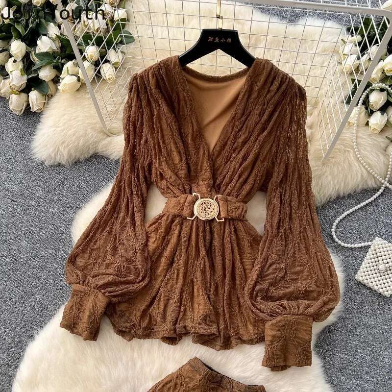 Korean 2 Piece Set Women Clothing 2025 V-neck Slim Waist Tops Slim Fit Bodycon Long Skirt Outfits Chic Temperament Folds Suit