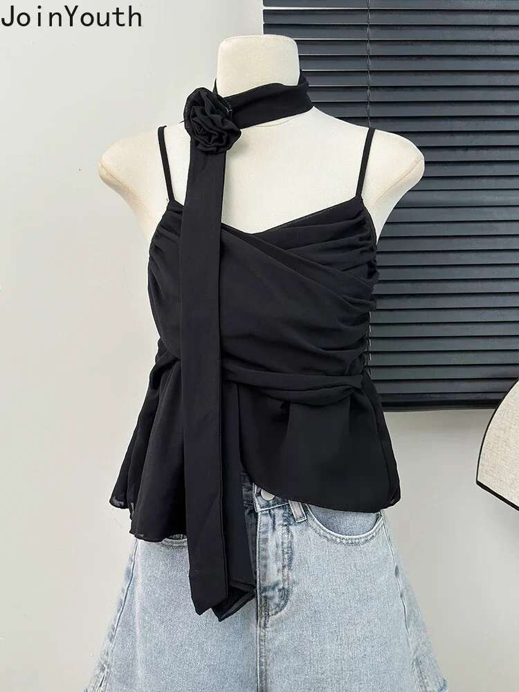 Temperament Lady Tops Sexy Vest Korean Fashion Clothing 3D Floral Bandage Tunic Camis Crop Tops Irregular Folds Summer Tanks