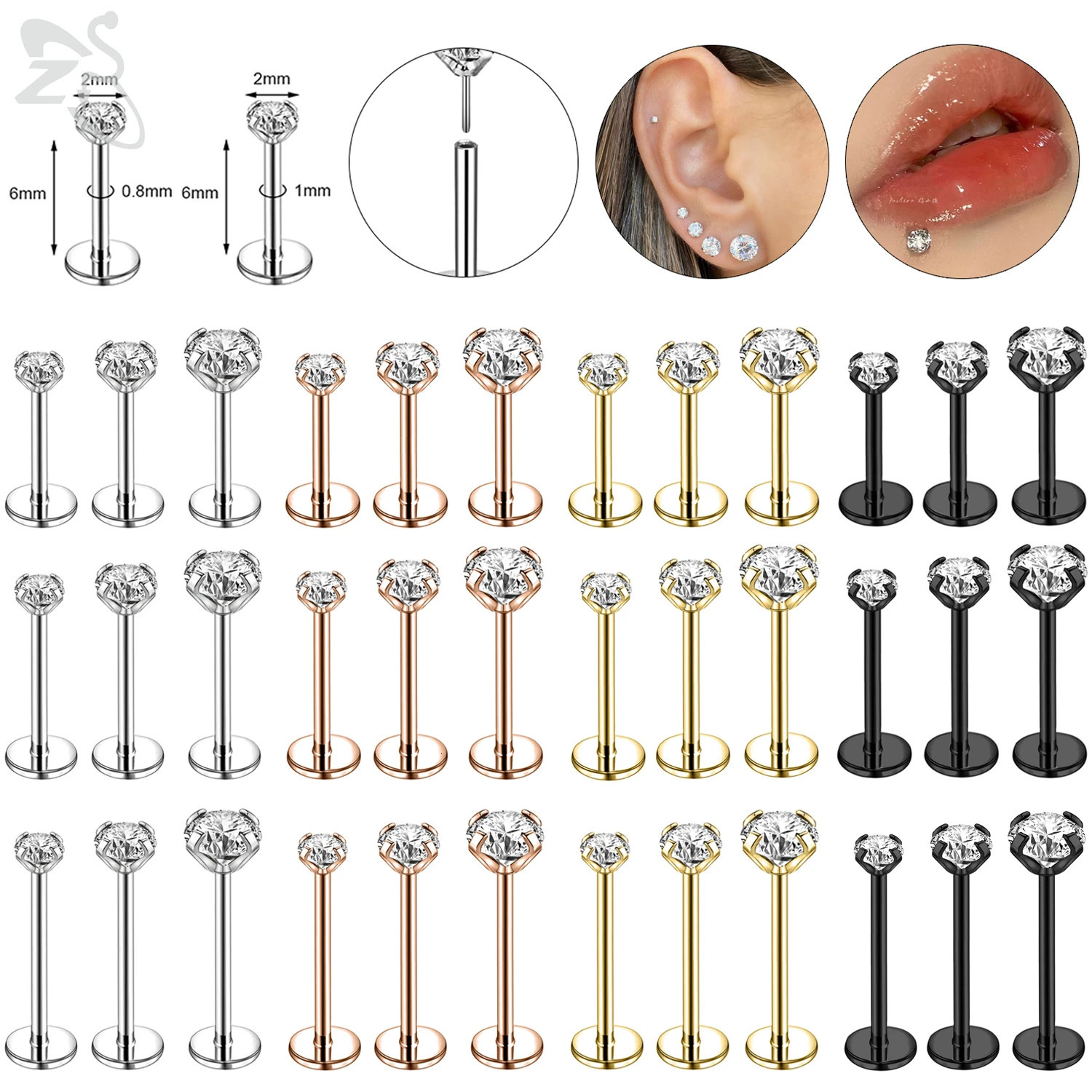 ZS 10 Pcs/lot Plug-In 16/18/20G Stainless Steel Labret Lip Piercing Men CZ Crystal Cartilage Tragus Helix Piercings 6/8/10/12MM 250617