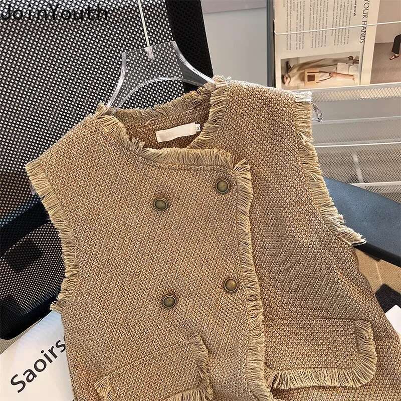 Sleeveless Cardigan Women Vest 2025 Ropa Mujer Double Breasted Vintage Waistcoat Fashion Korean O-neck Tweed Loose Tanks Tops