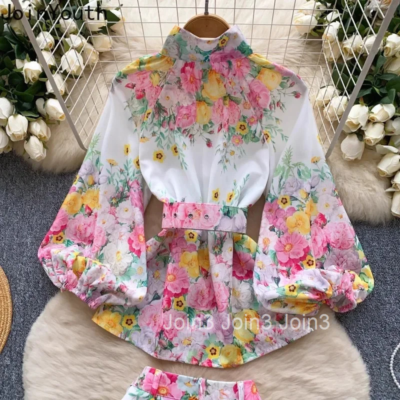 Summer Women Clothing Floral Two Piece Sets Stand Neck Slim Waist Shirt High Waist Wide Leg Shorts Outfits Vintage Korean Suit
