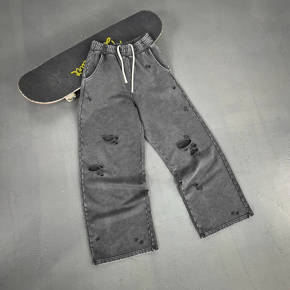 Autumn/Winter Wash Sweat Pants Athletic Joggers Hip Hop Raw Edges Cut Crush Distressed Frayed Wide Leg Sweatpants 250616