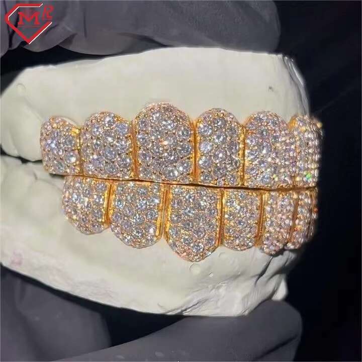 Hiphop Iced Out Grillz for Teeth 18k Gold Plated Jumbo 2mm Stone Deep Cut Vvs Moissanite Grillz Custom