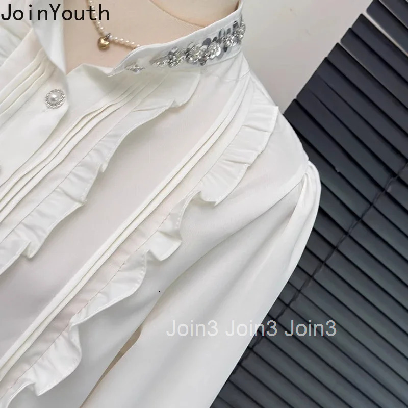 White Crop Tops Blouses for Women Diamond O-neck Long Sleeve Shirts 2025 Blusas Mujer De Moda Tunic Ruffles Temperament Blouse