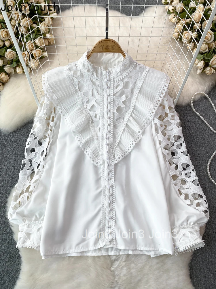 2025 Blusas Mujer De Moda Vintage Blouse Women Clothing Stand Neck Lantern Sleeve Loose Shirts Hollow Out Summer Blouses Tops