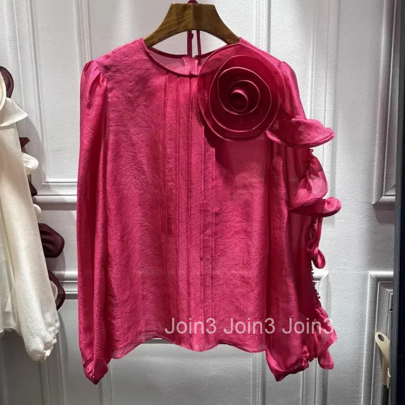 2025 Camisas De Mujer Blouse for Women Temperament Lady Tops O-neck Long Sleeve 3D Floral Shirts Vintage Loose Korean Blouses
