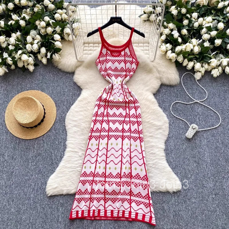 Knitting Thin Dress Women Clothes Print Sleeveless Summer Robe Femme Casual Fashion Vintage Maxi Dresses 2025 Vestidos De Mujer