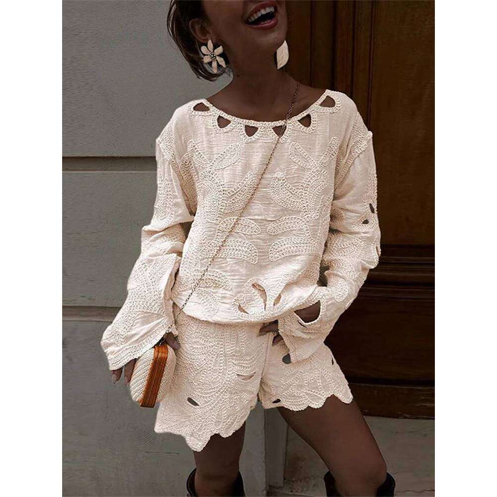 Hollow Out Embroidery Women Top Set Wave Cut High Waist Female Shorts Sets 2025 Spring O Neck Irregular Lady Vacation Outfits