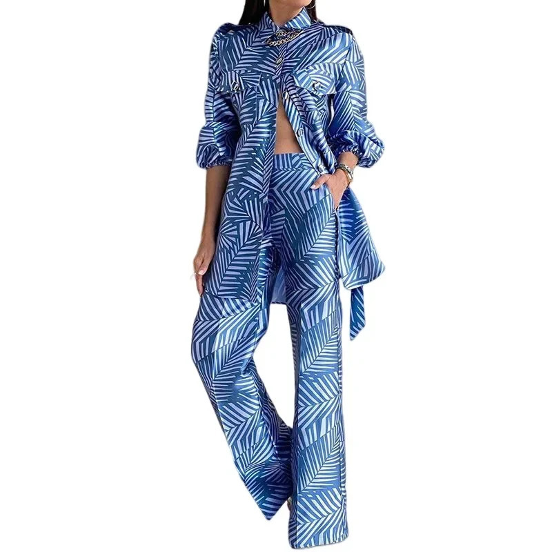 Female Casual Womens Outfits Two Piece Set Loose Printed Long-sleeved Shirt and High Waist Wide Leg Pants Set Women Elegant 250617
