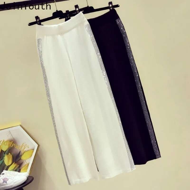 Korean Wide Leg Pants for Women 2025 New Bottoms High Waist Straight Pantalon Femme Patchwork Diamond Casual Fashion Trousers