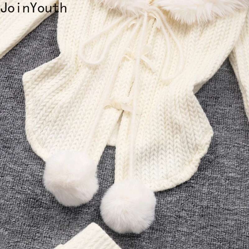 Knitted 2 Piece Sets Womens Outfits Roupas Femme Furry O-neck Bandage Sweater Bow Bodycon Mini Skirt Suit Fashion Korean Set