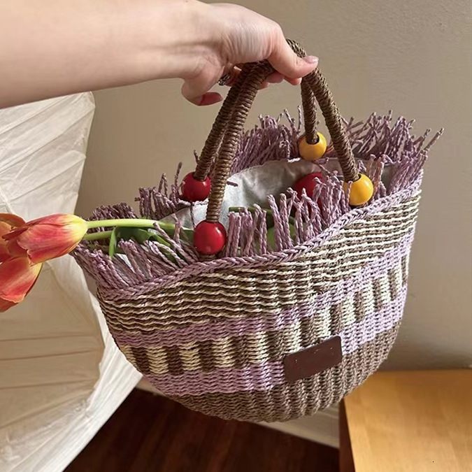 New Straw Designer Shoulder Bag Women's Free Shipping Picnic Basket Tassel Wood Bead Decoration Cute Handbag Bucket Bag Gift